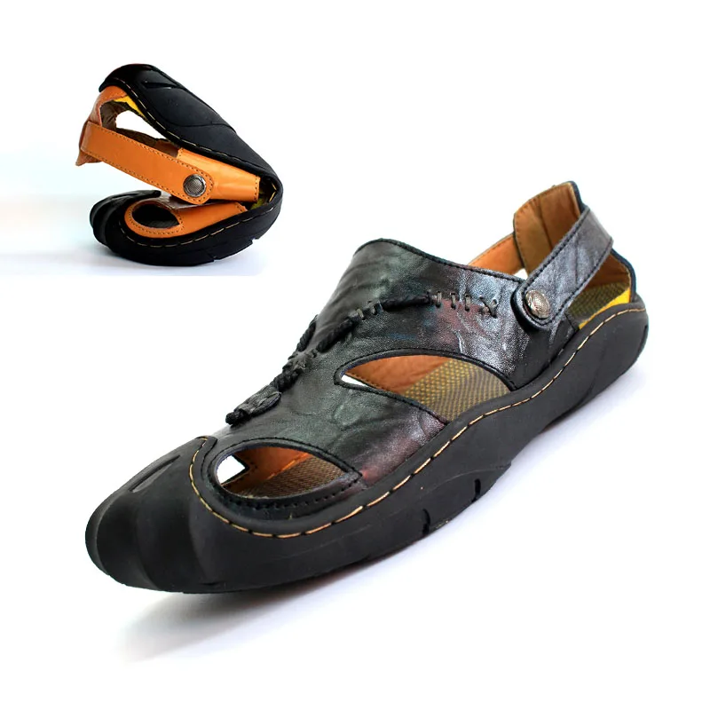 

2019 Summer Mens Cowhide Split leather Outdoor Walking Sandals Sport Roman Sandals Beach Shoes Protective Toecap Beach Sandals