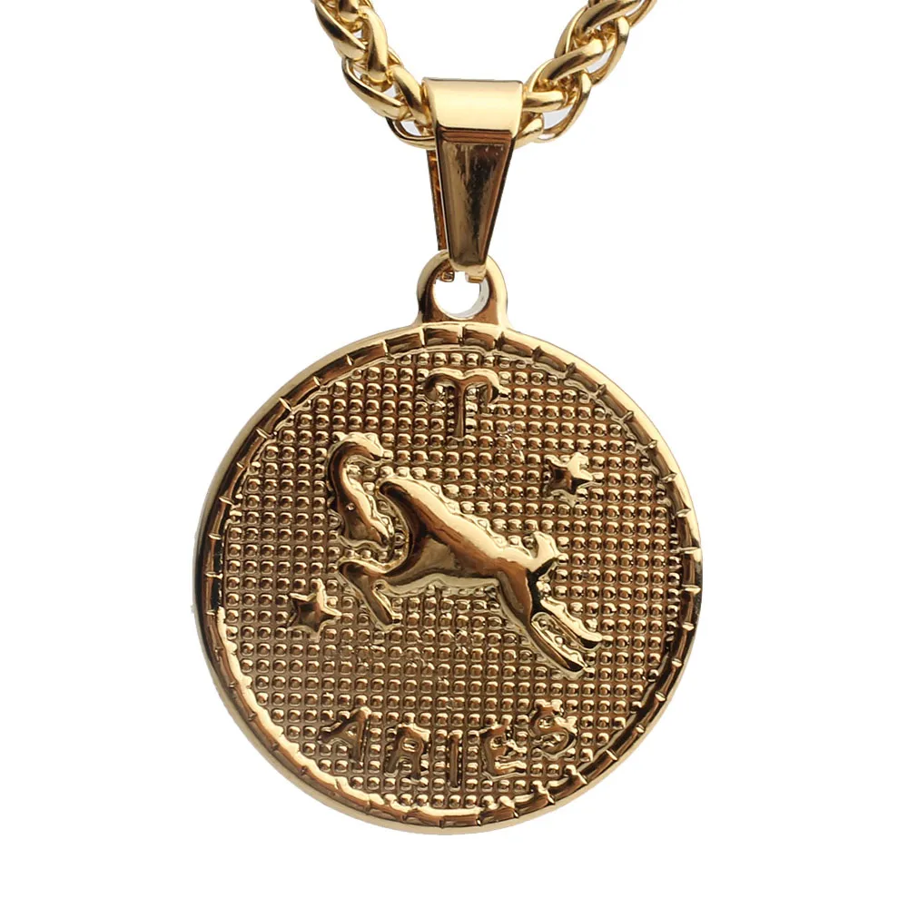 Aries FINE4U 12 Знак зодиака, созвездие, подвески, ожерелье из нержавеющей стали, цепочка, ожерелье, большие монеты, ожерелье s для подарка на день рождения - Окраска металла: Aries