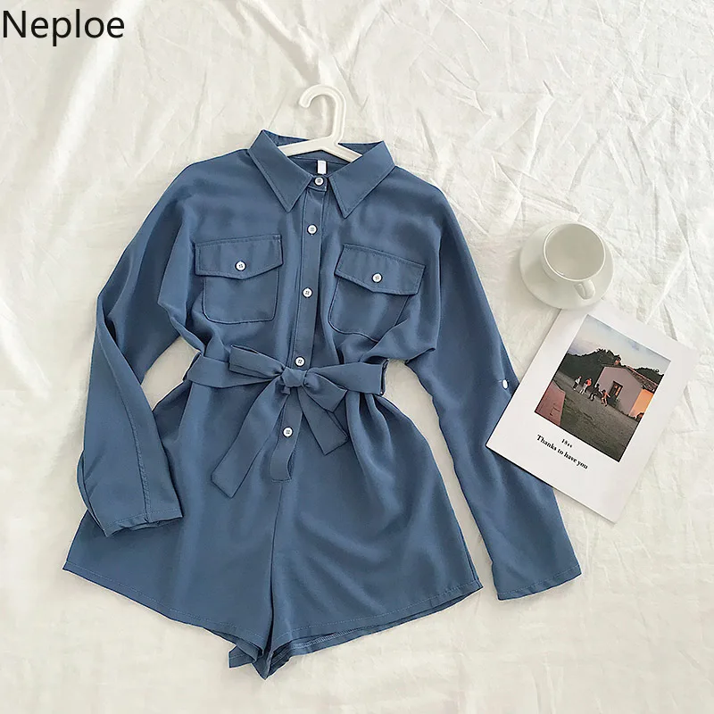 Nepole, одноцветные пуговицы, карманы, женская одежда, Свободные Комбинезоны с завышенной талией, весна-осень, НОВЫЕ шикарные шифоновые короткие боди 42931