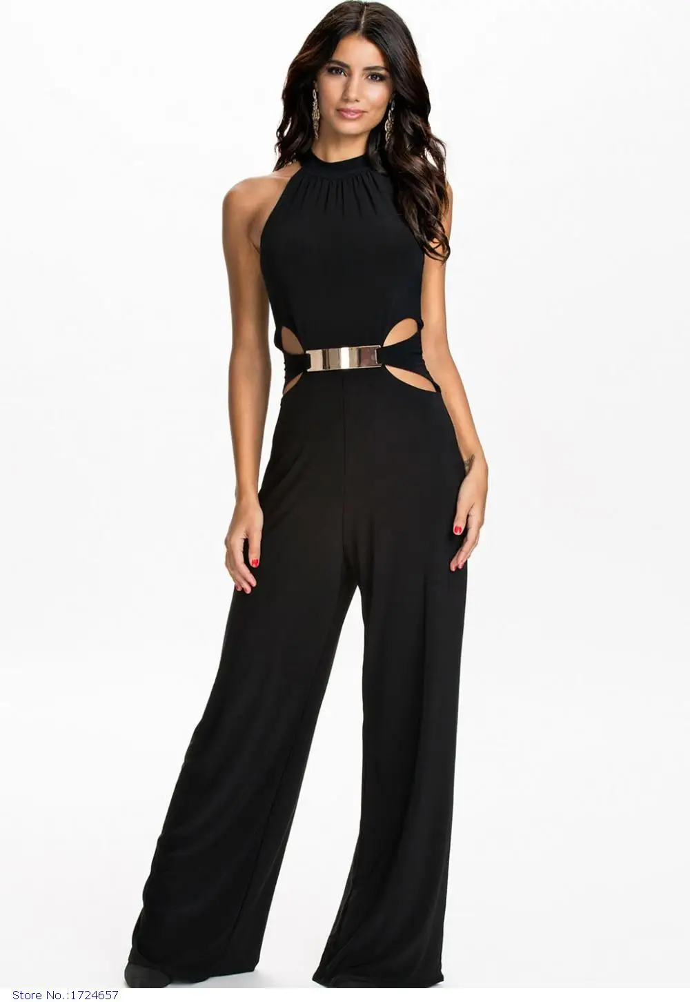 Black Long Sleeveless Wide Leg Sophisticated Cut outs Black Halter Neck ...