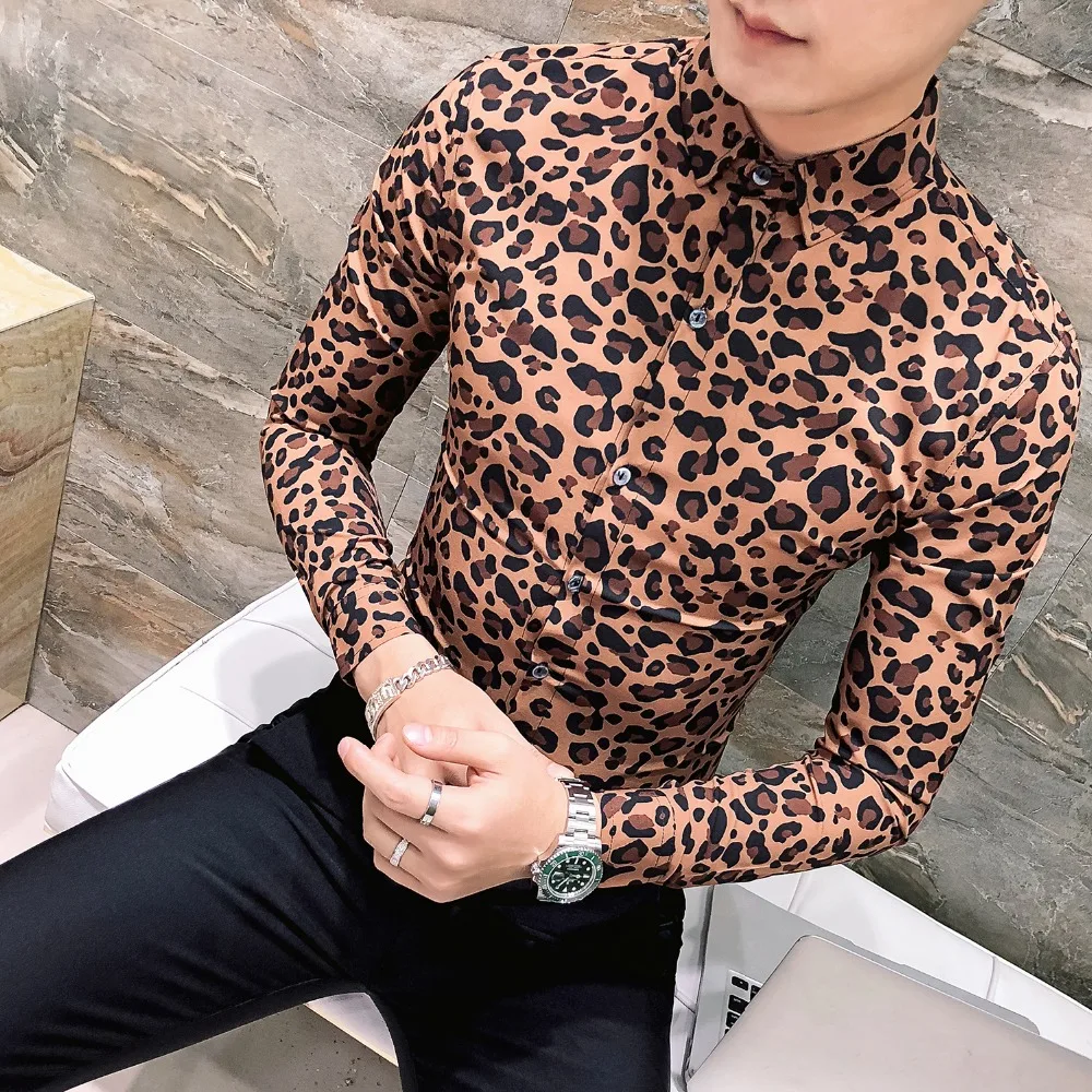 green Brown Chemises Chemise Mens Léopard Homme À Masculina 2019 Print Hiver Print Fit Manches Camisa Slim Hommes Sociale Imprimé Longues Épais Leopard 6Rd6Tnpr