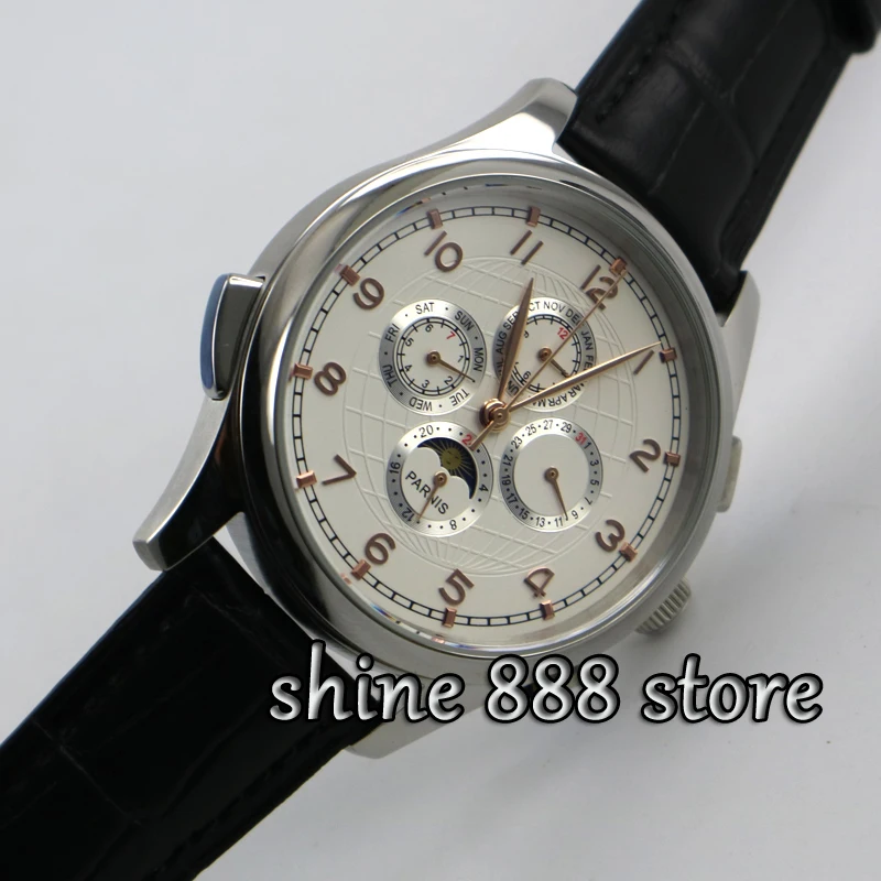 

44mm PARNIS White dial Black strap Moon Phase Automatic Self-Wind Mechanical movement mens watches Mechanical watches