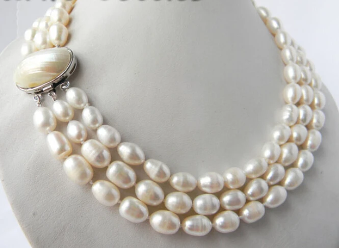

fast 3Strands 18'' 9.5mm White Rice Freshwater Pearl Necklace