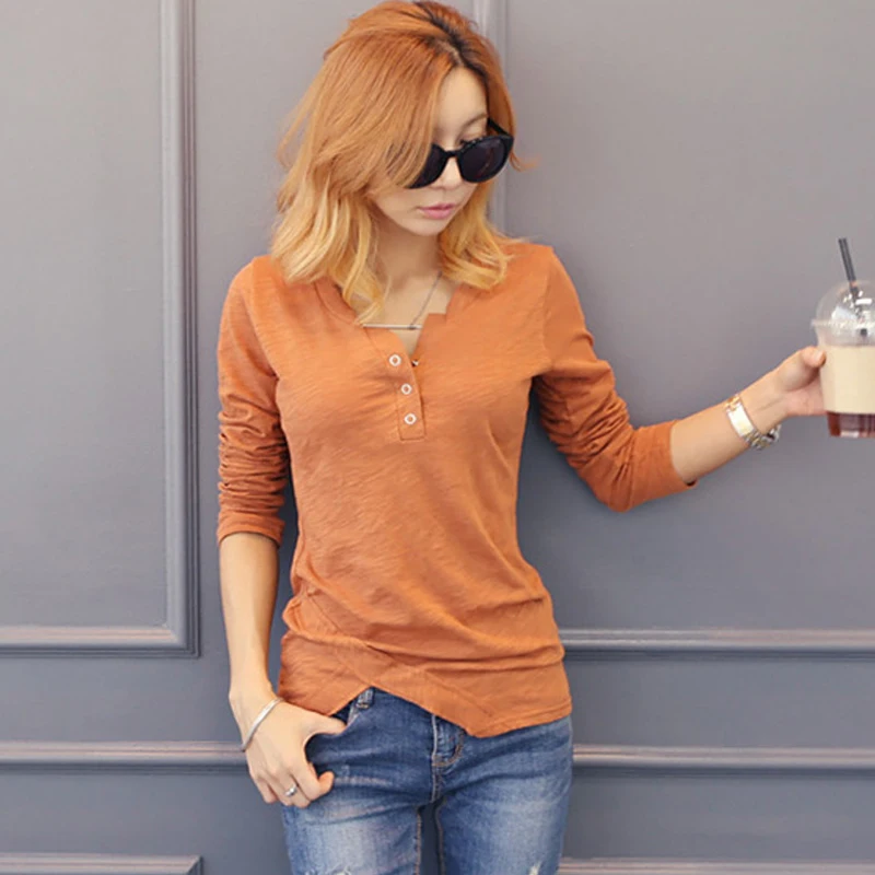 

OUMENGKA Autumn Long Sleeve Shirt Women T-shirt poleras de mujer moda Solid Cotton tshirt Women Tops Tee Temme Camisetas 3XL