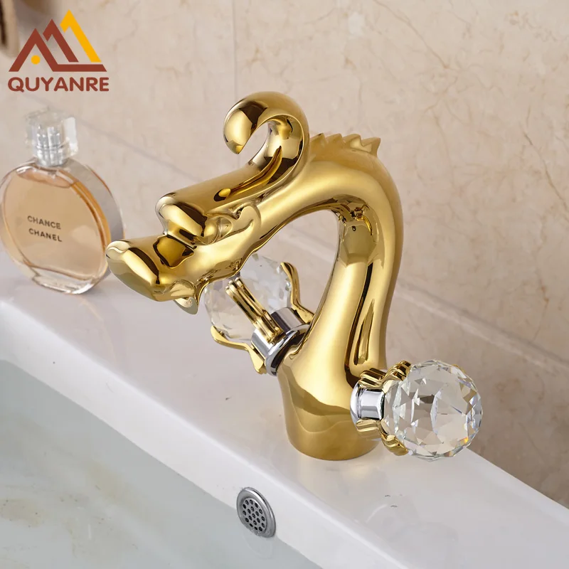 Dragon Shape Dual Crystal Handles Bathroom Sink Faucet Golden Hot and
