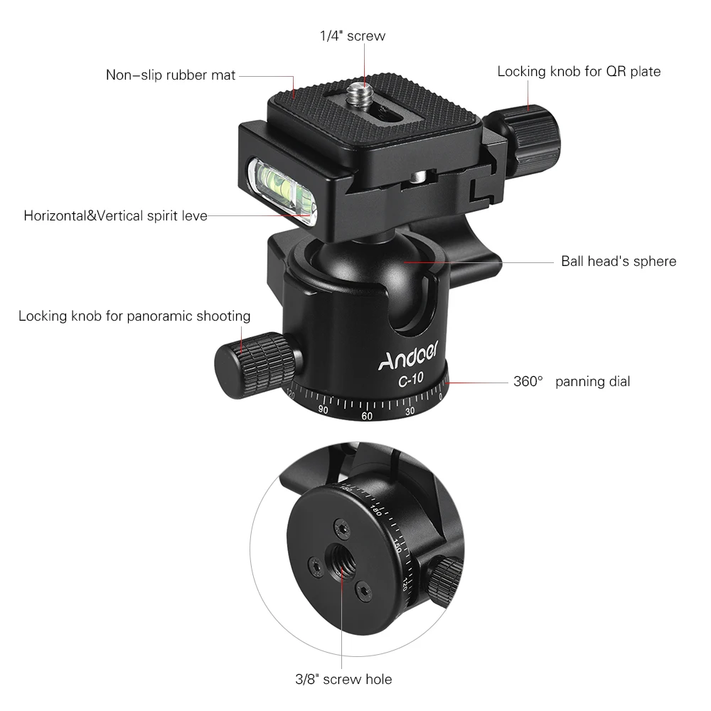 Andoer C-10 Алюминий сплав Камера шаровая Головка для штатива-трипода из для цифровой зеркальной камеры Canon Nikon sony DSLR ILDC Камера s миниатюрная шаровая Головка Макс. Нагрузка 6 кг