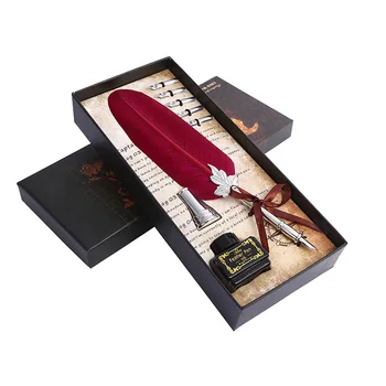 

1Set English Calligraphy Feather Dip Pen Writing Ink Business Fountain Pen Gift Box Vintage Beautiful Metal Pen Wedding Boxes