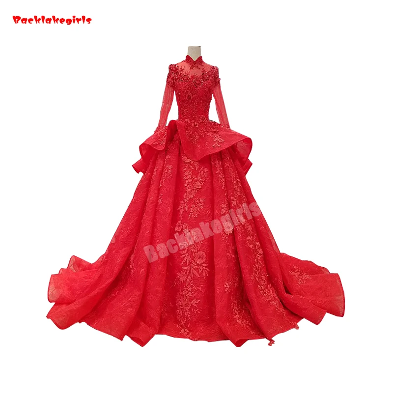 

0993 Layered Red Elegant Long Sleeve Wedding Dress Beautiful Red Appliqued Corset Long Train Bridal Dress