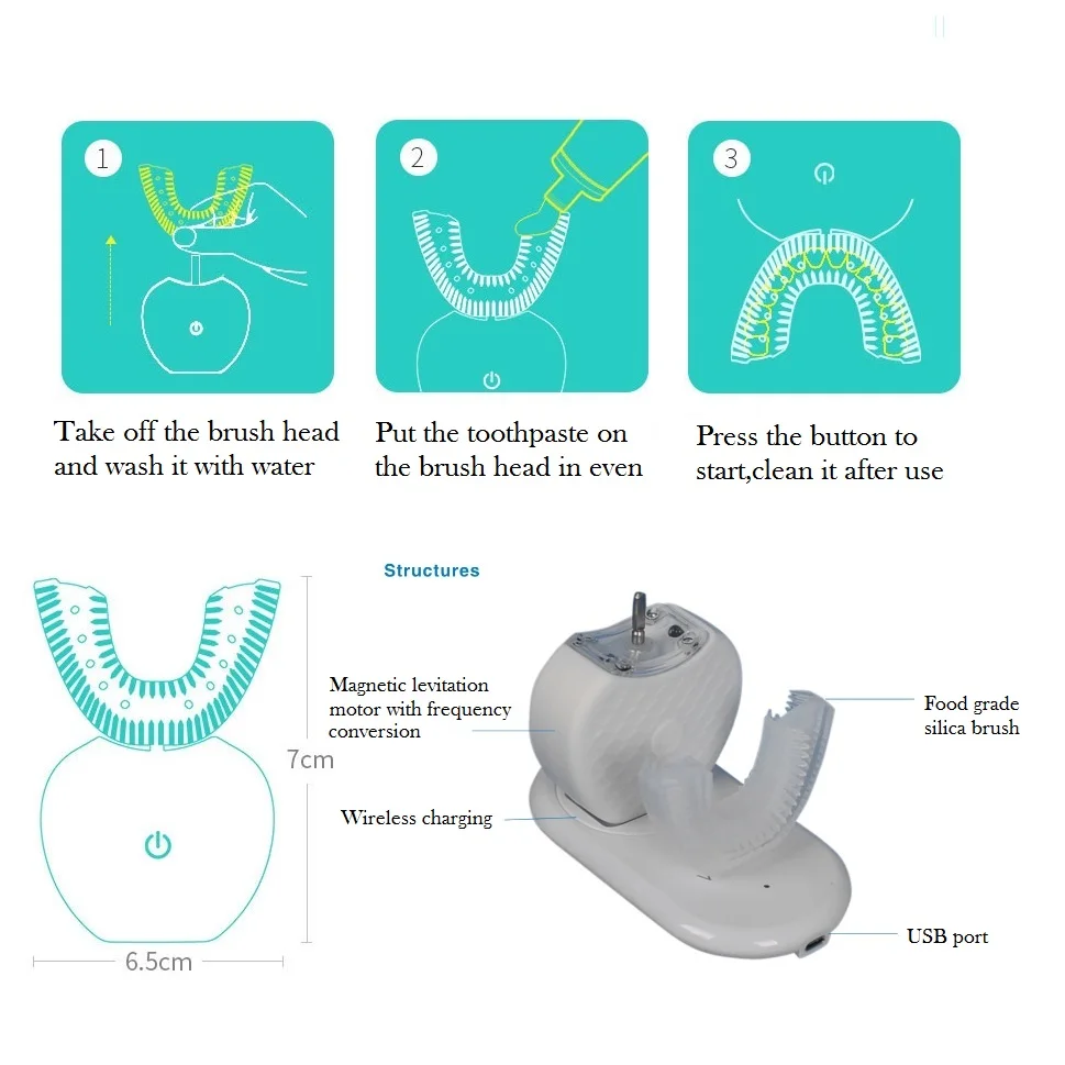 360 Умная Автоматическая звуковая электрическая зубная щетка u-типа зубная щетка зарядка через usb синий свет гигиена полости рта Отбеливание
