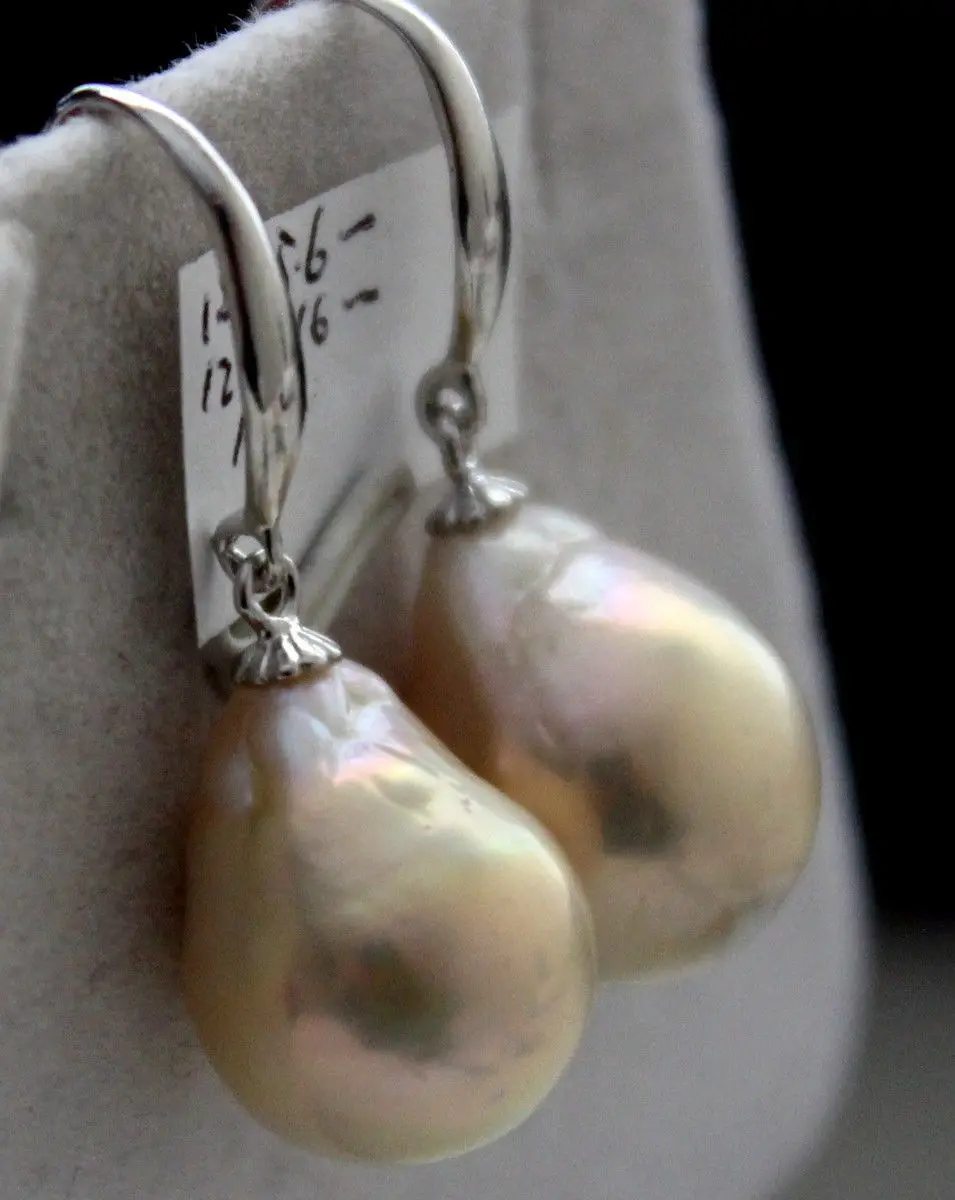 

charming a pair of 14-15mm natural south sea baroque gold pink pearl earring 925