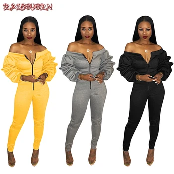 

RAISEVERN Sexy Off Shoulder V Neck Black Jumpsuit Women Lantern Sleeve High Waist Jumpsuit Romper Female Casual Overall Femme