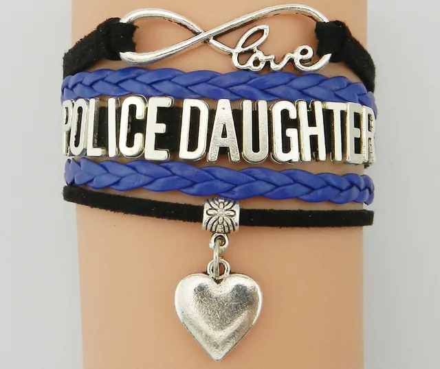 Drop Shipping Infinity Love Police Daughter Bracelet Heart Charm Drop Shipping Infinity Love Police Daughter Bracelet Heart Charm Custom Black With Blue Braided Leather