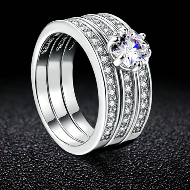 Silver Plated Crystal CZ Couple Rings Set for Men Women Lovers Jewelry Engagement Wedding Ring