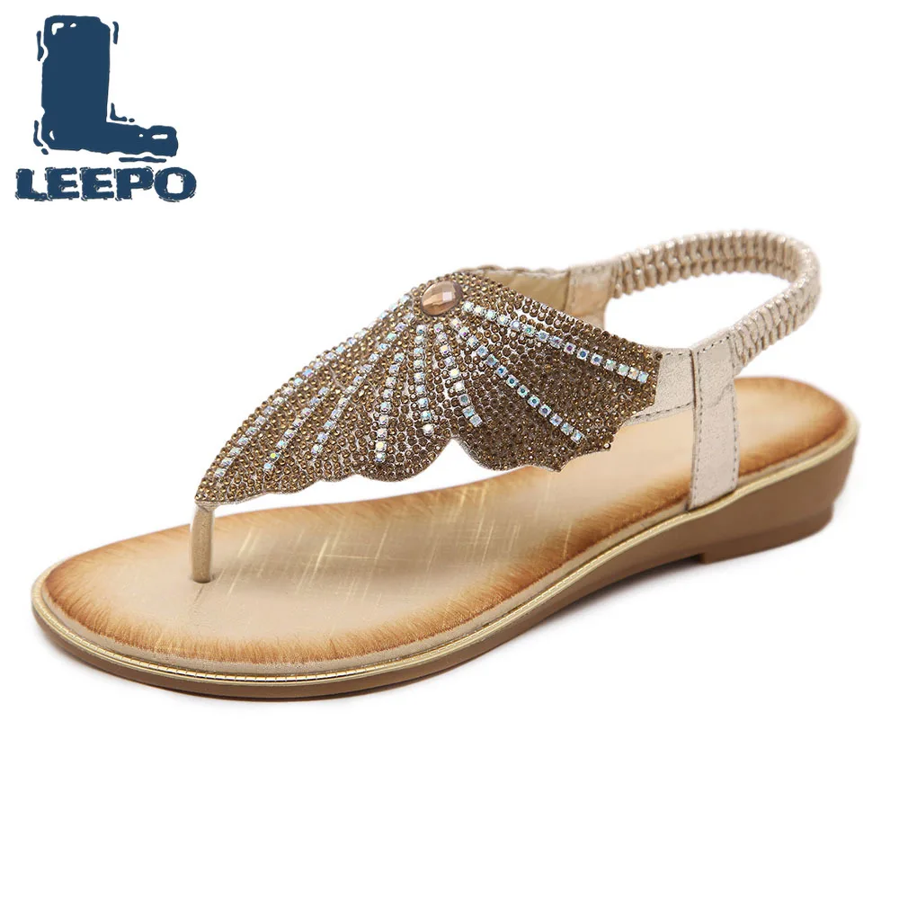 

LEEPO Women Summer Beach Spanking Sandles Female Gladiator Crystal Boho Shoes Woman Gold Wedges Flip Flops Handmade Boho Sandals