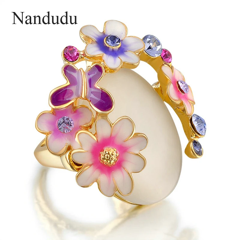 

Nandudu Gold Color Cat's eye flower Ring butterfly high quality crystal ring lady fashion jewelry gift for women R700