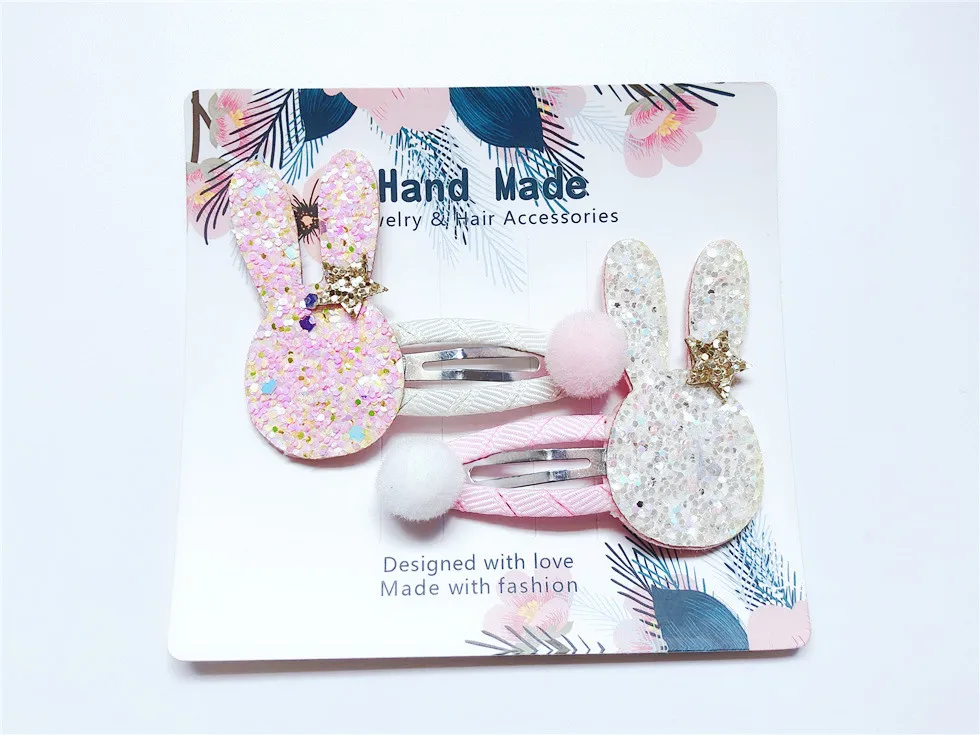 

Boutique ins 5Sets Fashion Cute Glitter Star Rabbit Snap Clips Felt Pom Pom Animal Hairpins Hair Clips Princess Headwear
