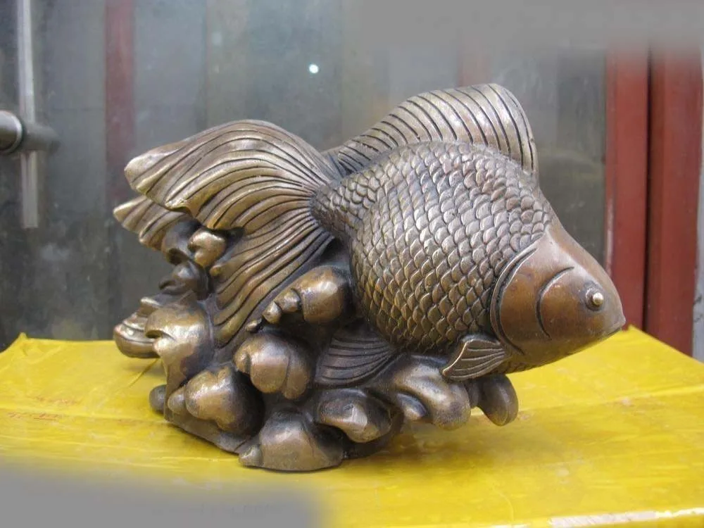 

6.5 Chinese Folk refined Copper Bronze Fengshui Lucky Two Goldfish Statue SD 506