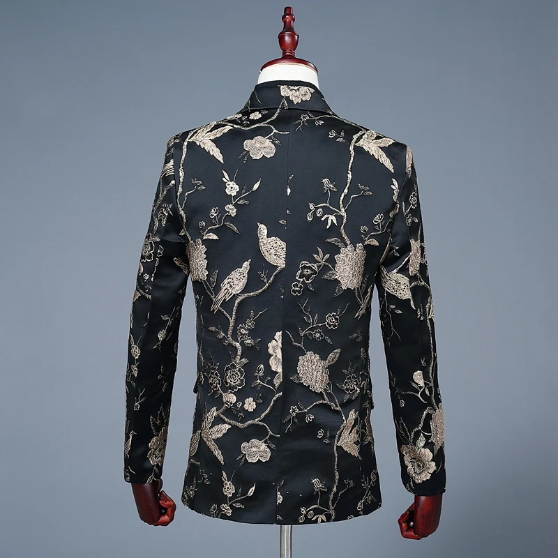 PYJTRL الفاخرة الجاكار التطريز الأزهار الطيور نمط الدعاوى للرجال الزفاف العرسان العريس بدلة ضئيلة صالح المغني زي