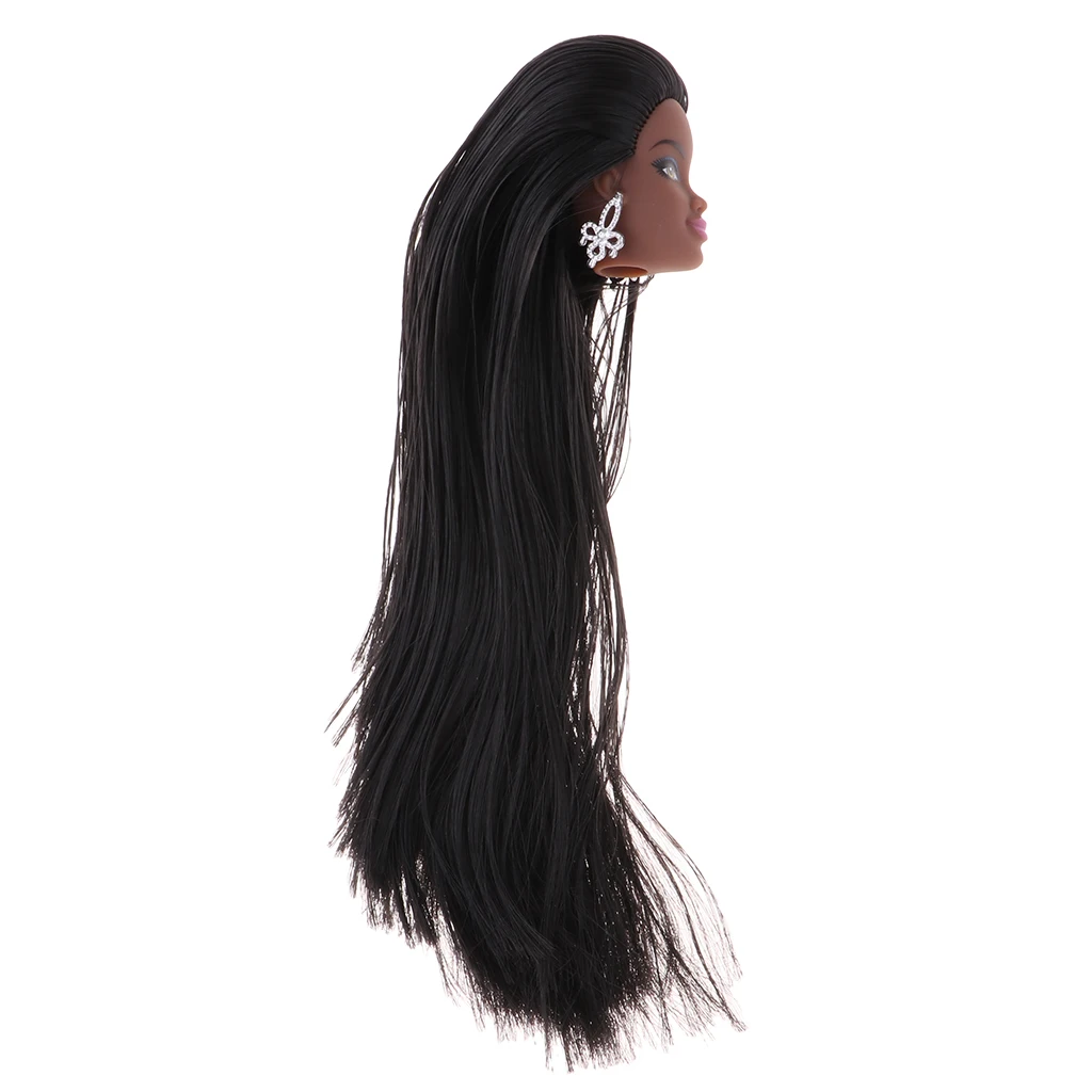 Doll Head with Wig Black Skin Make up Face Model DIY Cosplay For 1/6 Doll Accessories for Girls, Long Straight Hair