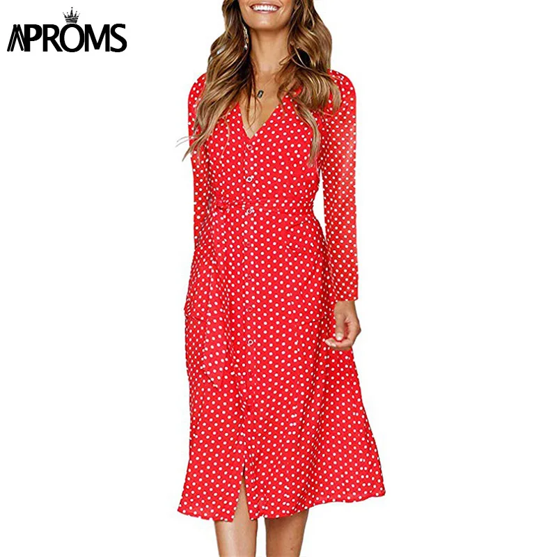 Casual V-Neck Lantern Long Sleeve Polka Dot Print Dress Casual V-Neck Lantern Long Sleeve Polka Dot Print Dress