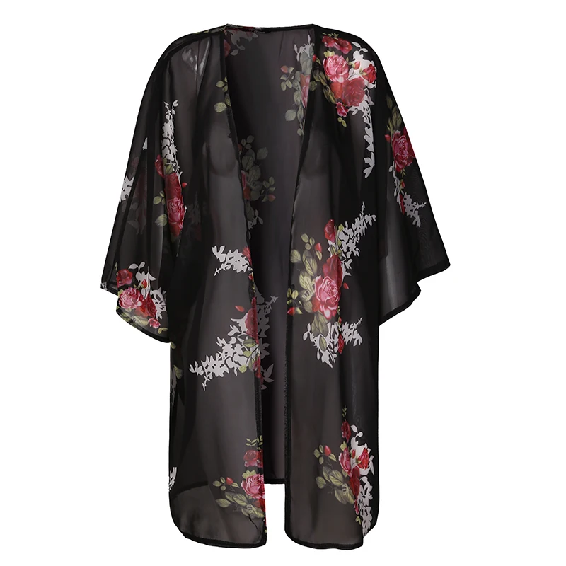 Women Boho Floral Loose Blouse Open Stitch Tops Shirt Floral Print Chiffon Cardigan Kimono Summer Beachwear Black Gray Blusas