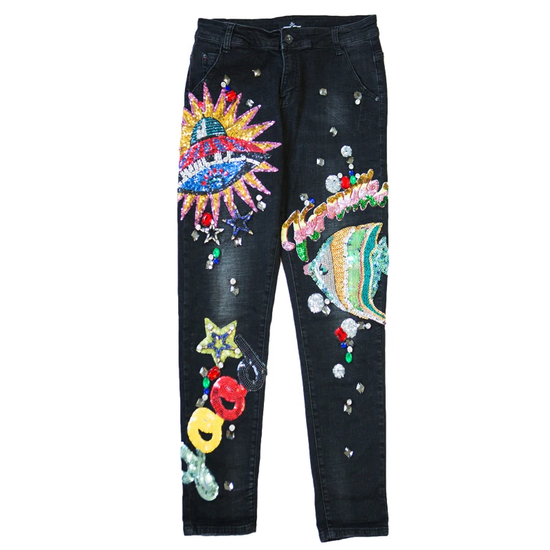 

plus size 26-32!Sequined loose Jeans For Girls Women Jeans Casual Denim Pants Beading Pattern harem Pant