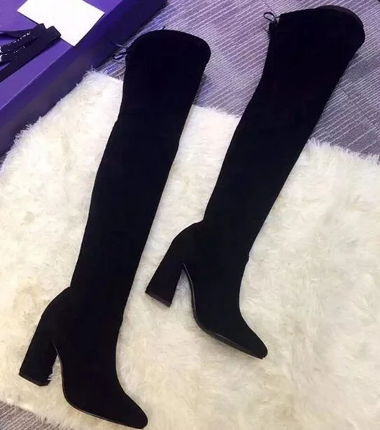 

New Desinger Hottest Highstreet Suede Over-The-Knee Boot Round toe Black Tie-up Black Grey Fashion Winter Long Boots Thick Heel