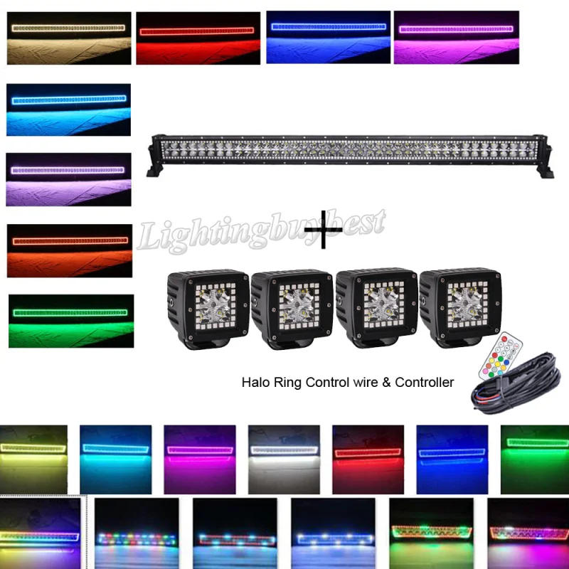 42\ 240W Led light Driving bar Combo Beam + 4PCS 3\ Work Light Cube Pods with RGB halo Ring Multicolor Chasing Color Change 12V