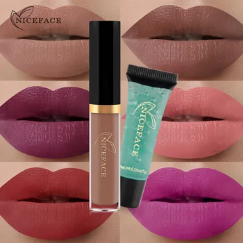 

Niceface matte lip gloss + lip cleansing gel set waterproof nude lip kit sexy red rose liquid lipstick cream AE029