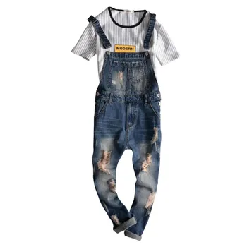 

Men's 2017 New Fashion Brand Hole Denim Bib Jeans Man Cool Stylish Jeans Jumpsuits Overalls Men Rompers Size S-2XL