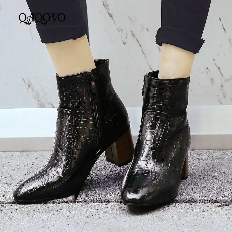

Spring Autumn Fashion Women Boots Cosy Square High Heel Ankle Boots Round Toe Zipper Boots Ladies Shoes White Black