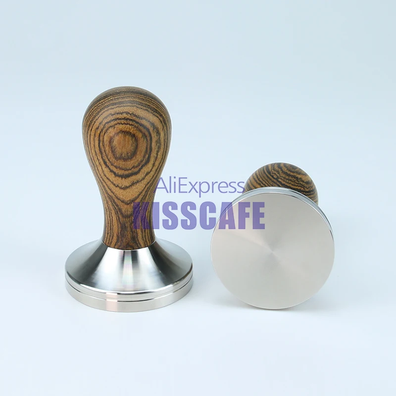 304 Stainless Steel Golden Sandalwood Handle Tamper Leopard Pattern Coffee Powder Hammer 51/54/57/58/58.35mm Tools Accessories