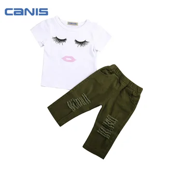 

Stylish Newborn Infant Baby Girls Short Sleeve Eyelashes Lip Tops T-shirt Army Green Holes Pants Leggings Outfits 2pcs Set 6M-4T
