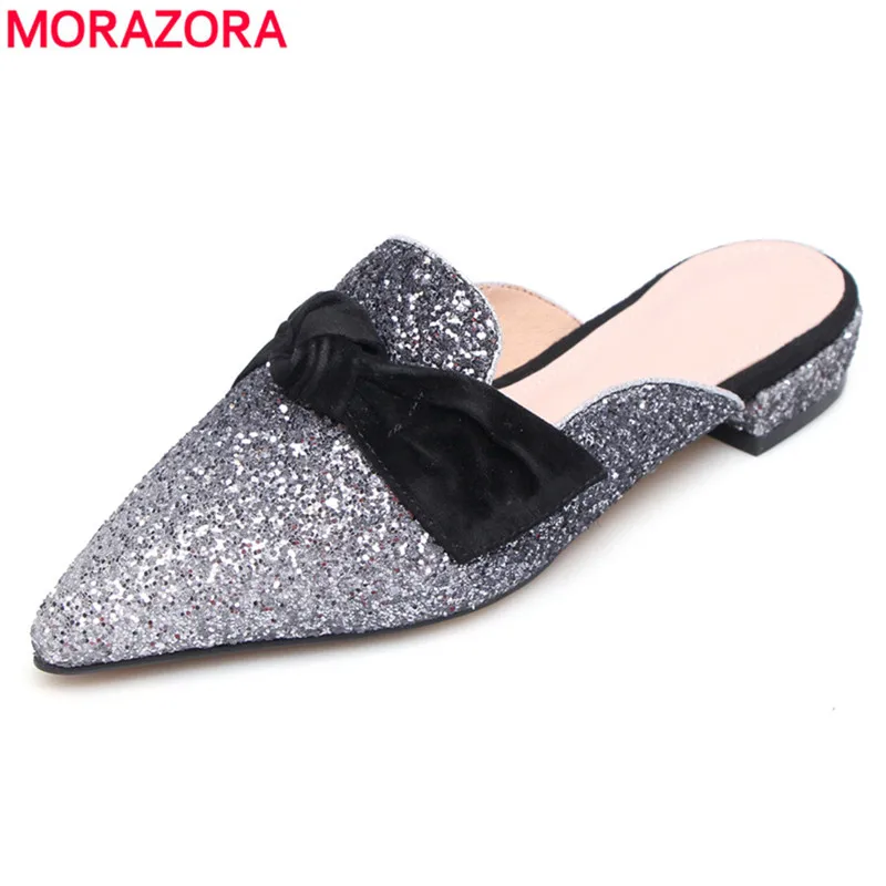 

MORAZORA 2018 new summer women sandals genuine leather inside pointed toe mules shoes woman ladies wedding shoes
