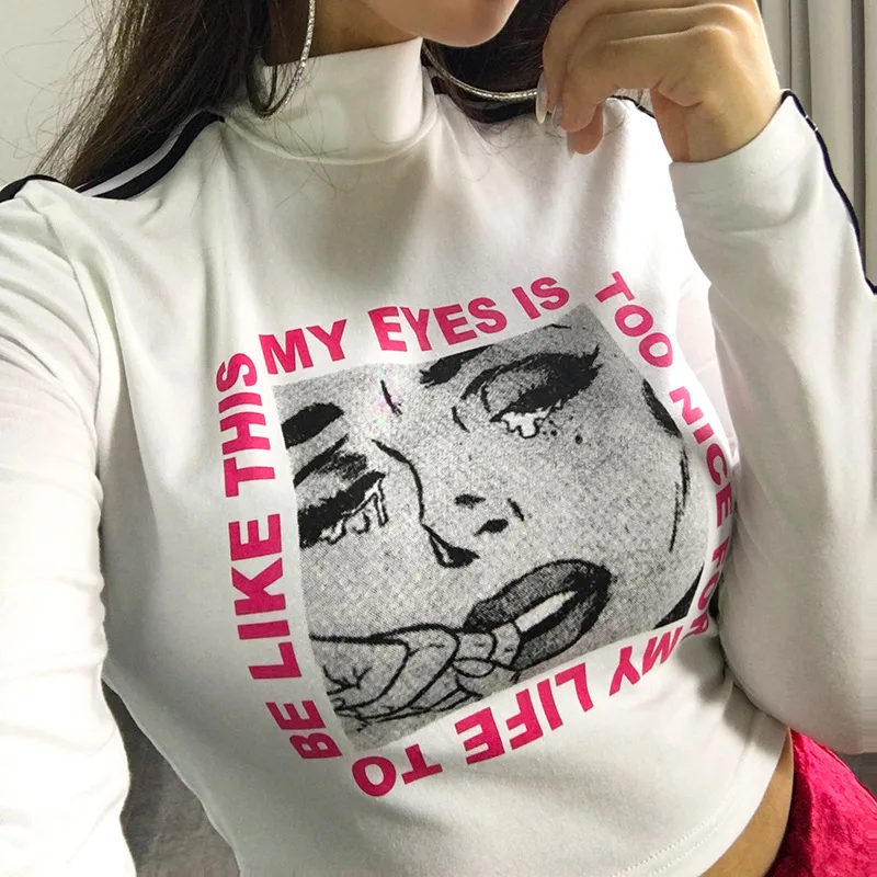 

Harajuku Crop Top Long Sleeve Shirts Women Korean Style Kawaii Graphic Tees Turtleneck Autumn Woman Printed shirts Top