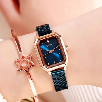 

Women Fashion Blue Quartz Watches Lady Rectangle Watch High Quality Steel Mesh Casual Waterproof Wristwatch Gift for Wife 2019