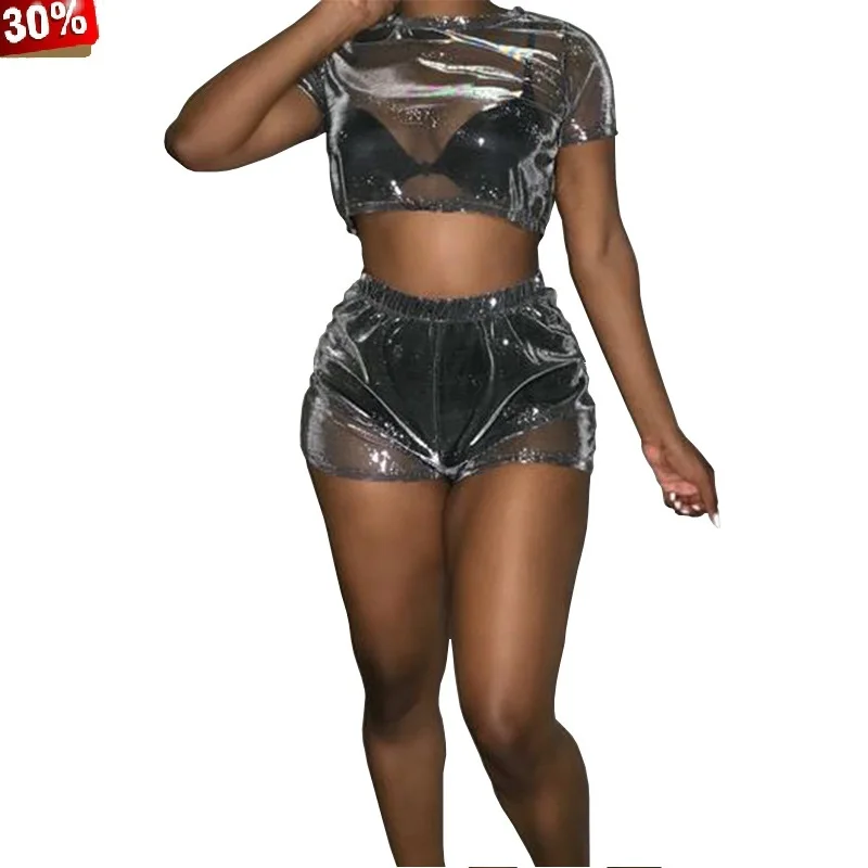 

Biker Shorts Fishnet 2 Piece Short Set Top and Shortssummer Mesh See Though O-neck Tee Top Sexy Beach Sporty Tracksuit