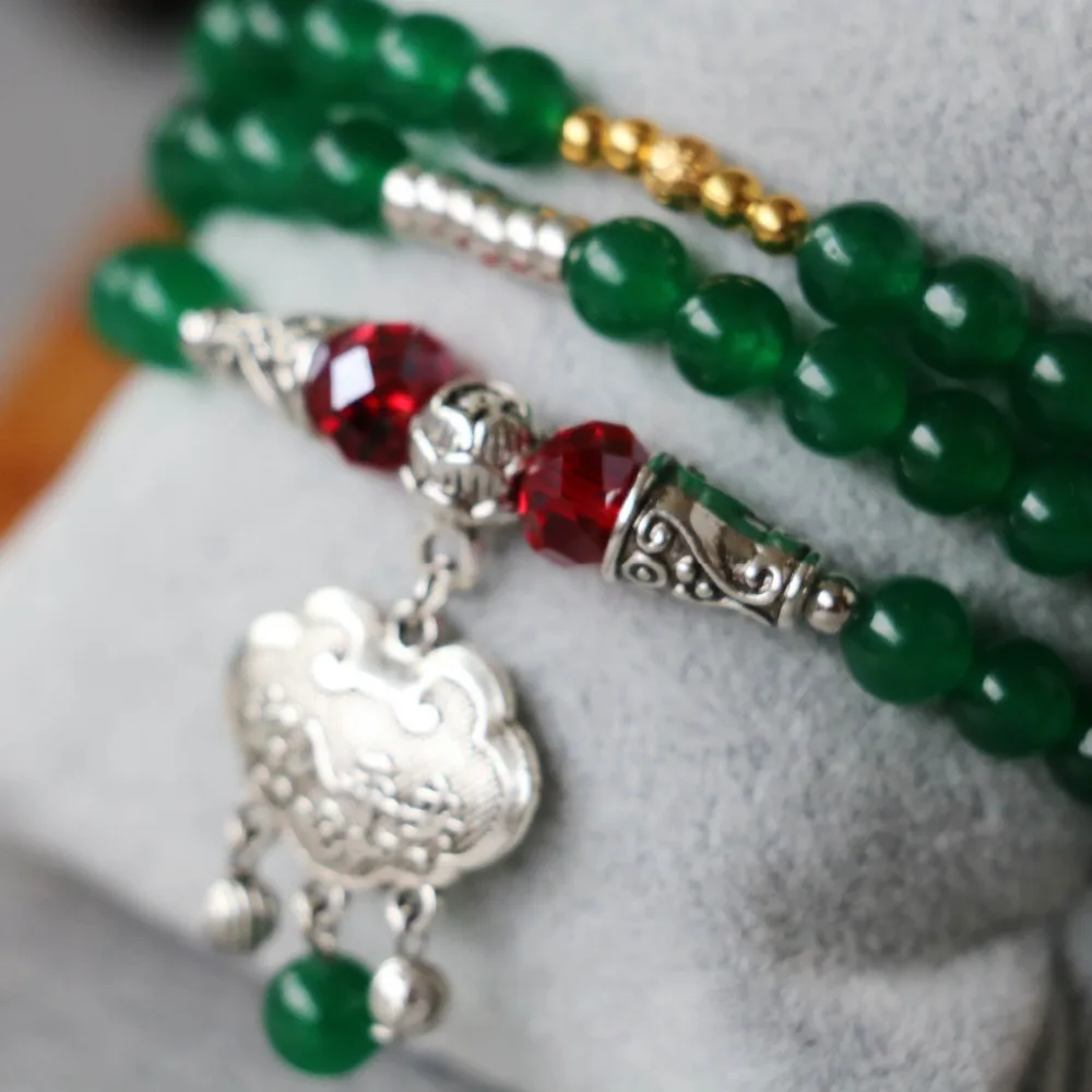 

6mm Green Chalcedony Bracelet Longevity Tibet Silvercolor Lock Pendant Women Female Jewelry Bracelet Multilayer Chain Necklace