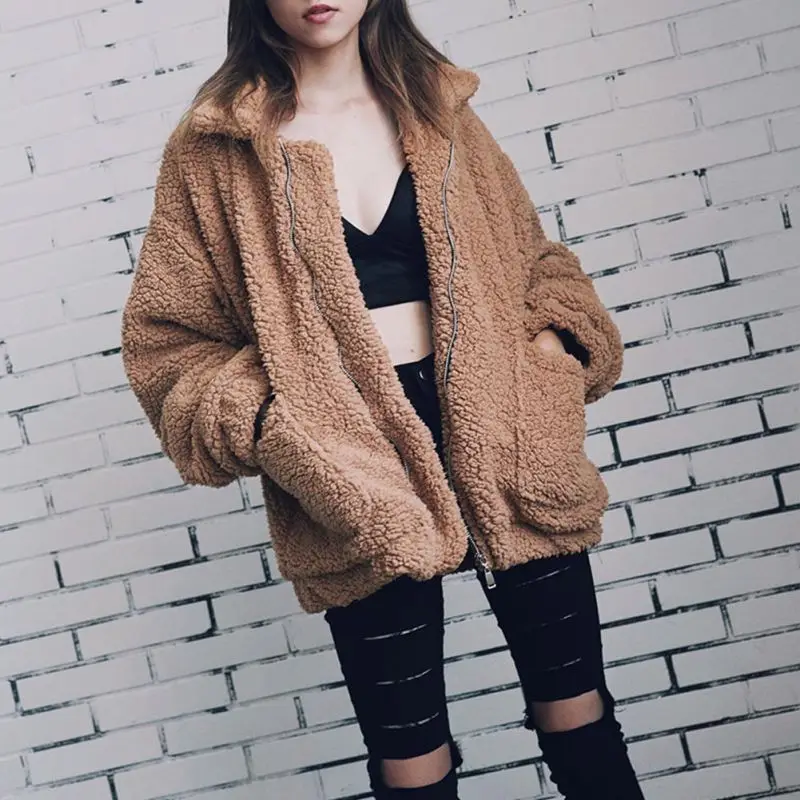 

Women Fur Coat Jacket Warm Plush Coats Zipper Big Pocket Elegant Fashion Autumn Outwear