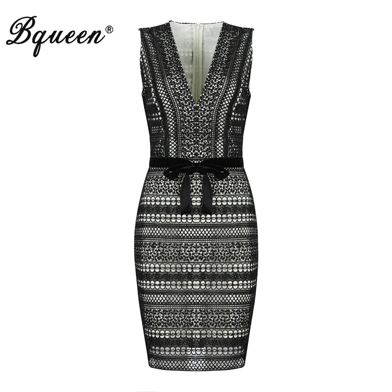 

Bqueen Fashion Lace Bodycon Sleeveless Spring Women Party Dress Sexy Deep V Hollow Out Mini Women Dress With Sashes Vestidos