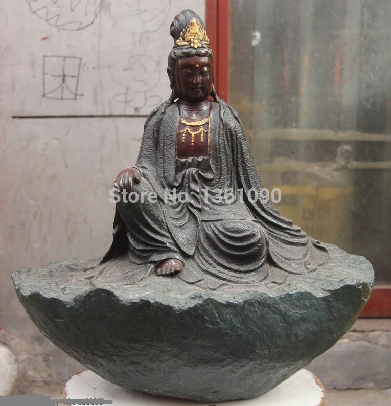 

xd 001113 Classic Bronze Copper Comfortable Sat stone Guan yin Bodhisattva Kwan-Yin Statue