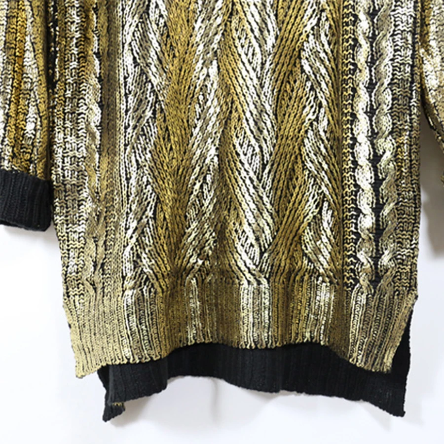 Women Bronzing Silver Knitted Sweater Winter Long Warm Retro Pullover Gold Silver Fashion Round Neck Sweater Casual High Quality