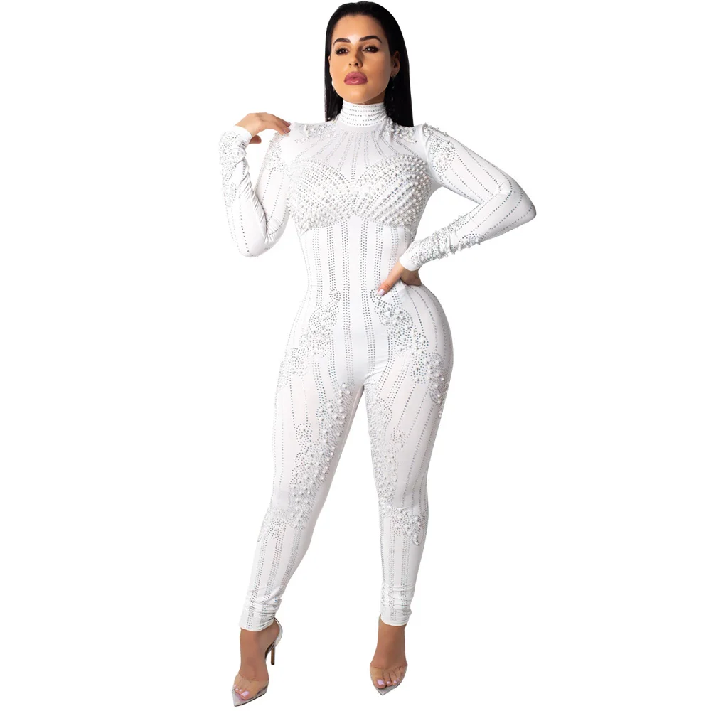 Women Beaded Embellish Jumpsuit Rhinestone Diamonds Overalls Mesh Patchwork See Through Skinny Bodysuits Clubwear Party Catsuit