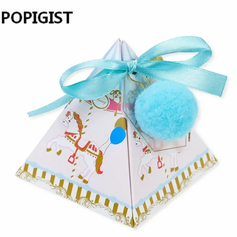 Розовый/Синий Треугольная пирамида лошадь Baby Shower Candy Box Bomboniera крещение день