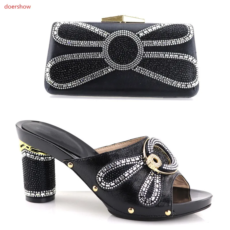 

doershow BLACK Italian Shoes with Matching Bag Set Decorated with Rhinestone African Shoe and Bag Set Italy Shoe and Bag!HV1-10