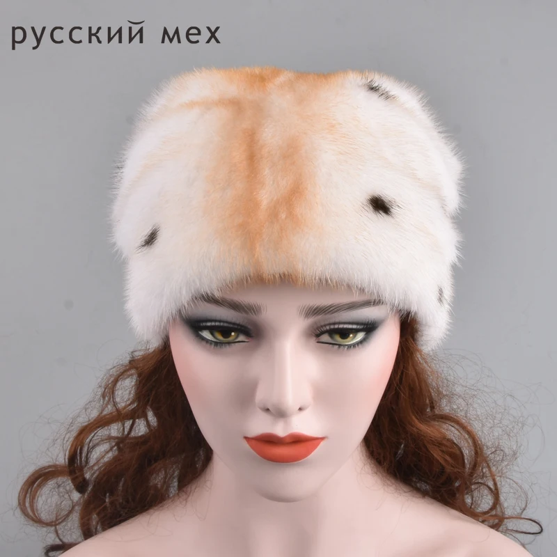 Подлинная Всего норки Зимняя Шапки для Для женщин с меховыми помпонами элегантные однотонные теплые шапочки и шапки Женский капот Femme