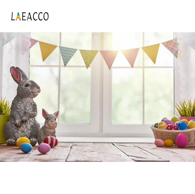 Laeacco Easter Eggs Backgrounds Rabbit Bunny Gray Window Sill Flag Party Baby Portrait Photo Backdrops For Photo Studio
