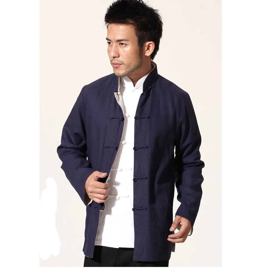 

Navy Blue Beige Novelty Reversible Chinese Men Jacket Cotton Linen Kung Fu Coat Two Side Outwear M L XL XXL XXXL MN20