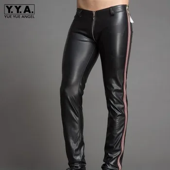 

Design Skinny Zipper Low Waist Men Pu Leather Pants Clubwear High Quality Punk Style Stripe Dance Party Trousers Stage Show Pant