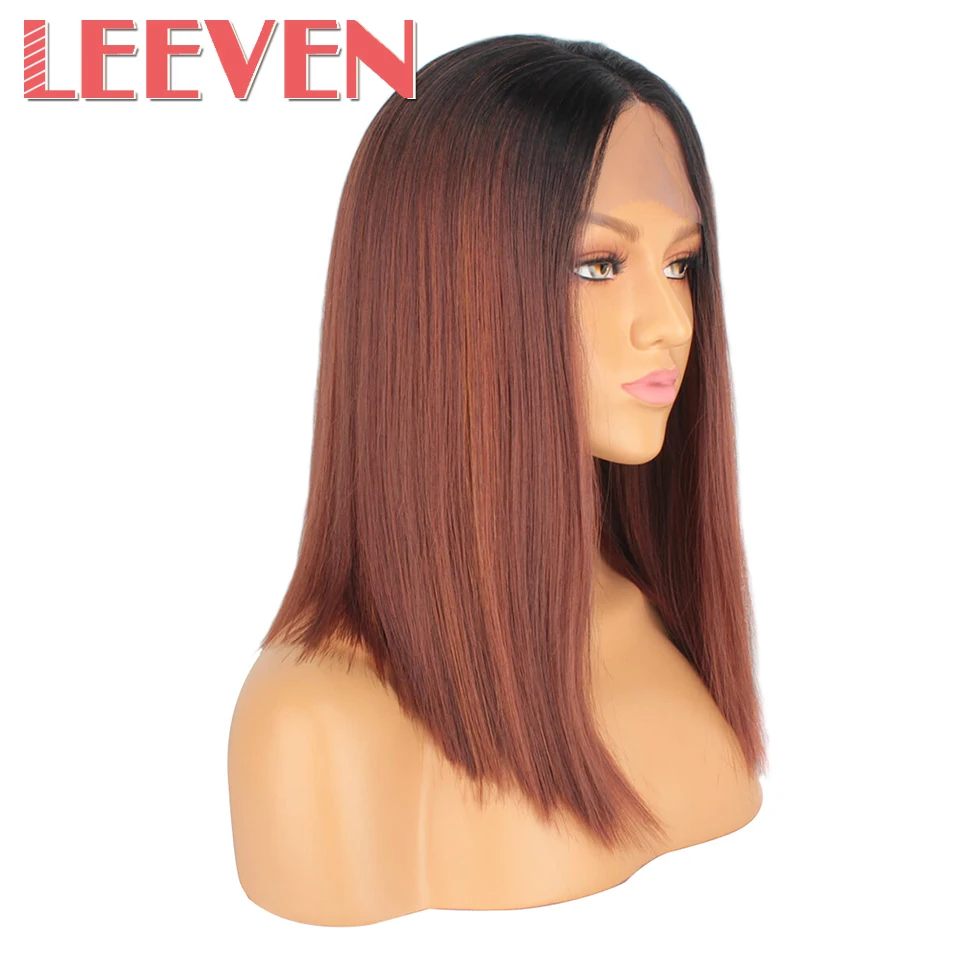 Leeven прямые волосы синтетический парик на кружеве короткий боб парик 1" T часть парики для женщин черный натуральный цвет